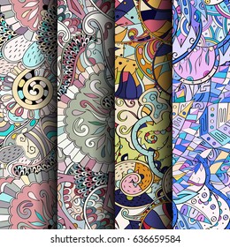 Set of tracery colorful seamless patterns. Vertical stripes. Curved doodling backgrounds for textile or printing with mehndi and ethnic motives. Vector