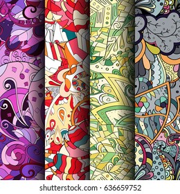 Set of tracery colorful seamless patterns. Vertical stripes. Curved doodling backgrounds for textile or printing with mehndi and ethnic motives. Vector