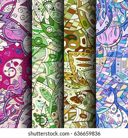Set of tracery colorful seamless patterns. Vertical stripes. Curved doodling backgrounds for textile or printing with mehndi and ethnic motives. Vector
