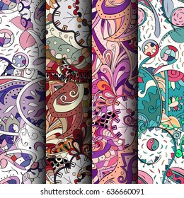 Set of tracery colorful seamless patterns. Vertical stripes. Curved doodling backgrounds for textile or printing with mehndi and ethnic motives. Vector