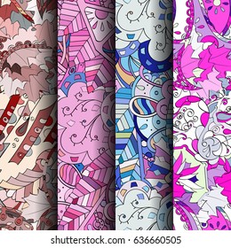 Set of tracery colorful seamless patterns. Vertical stripes. Curved doodling backgrounds for textile or printing with mehndi and ethnic motives. Vector