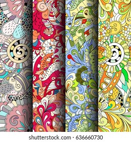 Set of tracery colorful seamless patterns. Vertical stripes. Curved doodling backgrounds for textile or printing with mehndi and ethnic motives. Vector