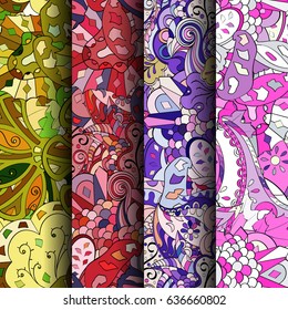 Set of tracery colorful seamless patterns. Vertical stripes. Curved doodling backgrounds for textile or printing with mehndi and ethnic motives. Vector