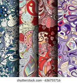 Set of tracery colorful seamless patterns. Vertical stripes. Curved doodling backgrounds for textile or printing with mehndi and ethnic motives. Vector