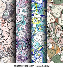 Set of tracery colorful seamless patterns. Vertical stripes. Curved doodling backgrounds for textile or printing with mehndi and ethnic motives. Vector