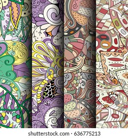 Set of tracery colorful seamless patterns. Vertical stripes. Curved doodling backgrounds for textile or printing with mehndi and ethnic motives. Vector
