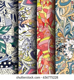 Set of tracery colorful seamless patterns. Vertical stripes. Curved doodling backgrounds for textile or printing with mehndi and ethnic motives. Vector