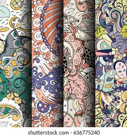 Set of tracery colorful seamless patterns. Vertical stripes. Curved doodling backgrounds for textile or printing with mehndi and ethnic motives. Vector