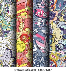 Set of tracery colorful seamless patterns. Vertical stripes. Curved doodling backgrounds for textile or printing with mehndi and ethnic motives. Vector