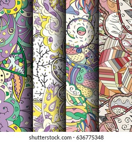 Set of tracery colorful seamless patterns. Vertical stripes. Curved doodling backgrounds for textile or printing with mehndi and ethnic motives. Vector