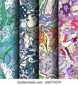 Set of tracery colorful seamless patterns. Vertical stripes. Curved doodling backgrounds for textile or printing with mehndi and ethnic motives. Vector