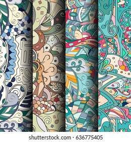 Set of tracery colorful seamless patterns. Vertical stripes. Curved doodling backgrounds for textile or printing with mehndi and ethnic motives. Vector