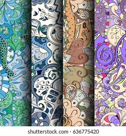 Set of tracery colorful seamless patterns. Vertical stripes. Curved doodling backgrounds for textile or printing with mehndi and ethnic motives. Vector