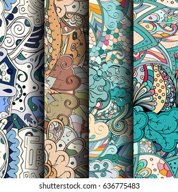 Set of tracery colorful seamless patterns. Vertical stripes. Curved doodling backgrounds for textile or printing with mehndi and ethnic motives. Vector
