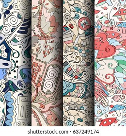 Set of tracery colorful seamless patterns. Vertical stripes. Curved doodling backgrounds for textile or printing with mehndi and ethnic motives. Vector