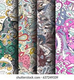 Set of tracery colorful seamless patterns. Vertical stripes. Curved doodling backgrounds for textile or printing with mehndi and ethnic motives. Vector