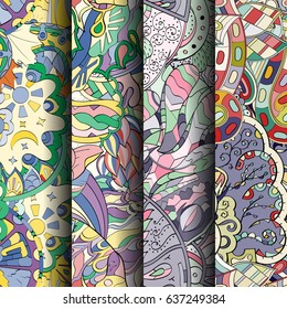 Set of tracery colorful seamless patterns. Vertical stripes. Curved doodling backgrounds for textile or printing with mehndi and ethnic motives. Vector