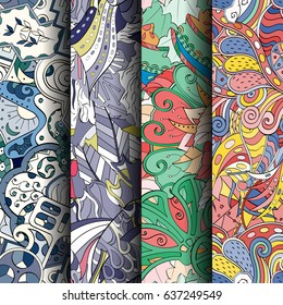 Set of tracery colorful seamless patterns. Vertical stripes. Curved doodling backgrounds for textile or printing with mehndi and ethnic motives. Vector