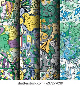 Set of tracery colorful seamless patterns. Vertical stripes. Curved doodling backgrounds for textile or printing with mehndi and ethnic motives. Vector
