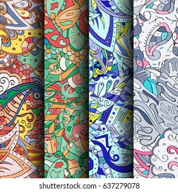 Set of tracery colorful seamless patterns. Vertical stripes. Curved doodling backgrounds for textile or printing with mehndi and ethnic motives. Vector