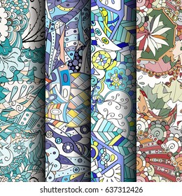 Set of tracery colorful seamless patterns. Vertical stripes. Curved doodling backgrounds for textile or printing with mehndi and ethnic motives. Vector