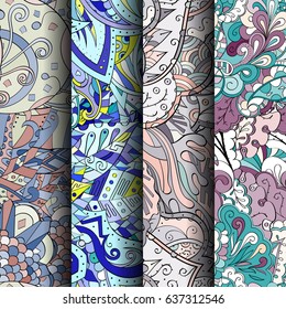 Set of tracery colorful seamless patterns. Vertical stripes. Curved doodling backgrounds for textile or printing with mehndi and ethnic motives. Vector