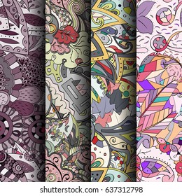 Set of tracery colorful seamless patterns. Vertical stripes. Curved doodling backgrounds for textile or printing with mehndi and ethnic motives. Vector