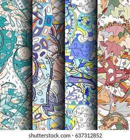 Set of tracery colorful seamless patterns. Vertical stripes. Curved doodling backgrounds for textile or printing with mehndi and ethnic motives. Vector
