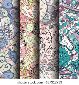 Set of tracery colorful seamless patterns. Vertical stripes. Curved doodling backgrounds for textile or printing with mehndi and ethnic motives. Vector