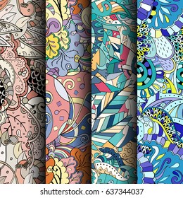 Set of tracery colorful seamless patterns. Vertical stripes. Curved doodling backgrounds for textile or printing with mehndi and ethnic motives. Vector