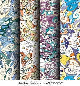 Set of tracery colorful seamless patterns. Vertical stripes. Curved doodling backgrounds for textile or printing with mehndi and ethnic motives. Vector