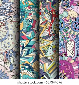 Set of tracery colorful seamless patterns. Vertical stripes. Curved doodling backgrounds for textile or printing with mehndi and ethnic motives. Vector