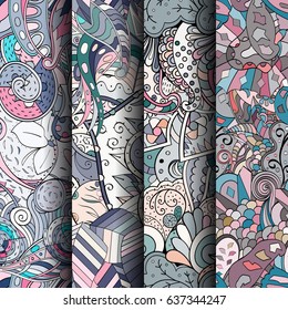 Set of tracery colorful seamless patterns. Vertical stripes. Curved doodling backgrounds for textile or printing with mehndi and ethnic motives. Vector