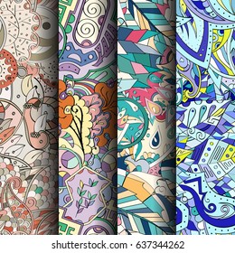 Set of tracery colorful seamless patterns. Vertical stripes. Curved doodling backgrounds for textile or printing with mehndi and ethnic motives. Vector