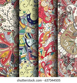 Set of tracery colorful seamless patterns. Vertical stripes. Curved doodling backgrounds for textile or printing with mehndi and ethnic motives. Vector