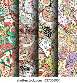 Set of tracery colorful seamless patterns. Vertical stripes. Curved doodling backgrounds for textile or printing with mehndi and ethnic motives. Vector