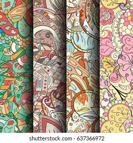 Set of tracery colorful seamless patterns. Vertical stripes. Curved doodling backgrounds for textile or printing with mehndi and ethnic motives. Vector