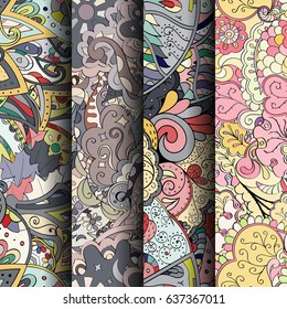 Set of tracery colorful seamless patterns. Vertical stripes. Curved doodling backgrounds for textile or printing with mehndi and ethnic motives. Vector