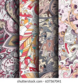Set of tracery colorful seamless patterns. Vertical stripes. Curved doodling backgrounds for textile or printing with mehndi and ethnic motives. Vector