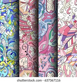 Set of tracery colorful seamless patterns. Vertical stripes. Curved doodling backgrounds for textile or printing with mehndi and ethnic motives. Vector