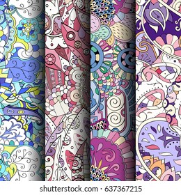 Set of tracery colorful seamless patterns. Vertical stripes. Curved doodling backgrounds for textile or printing with mehndi and ethnic motives. Vector