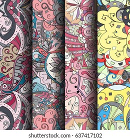 Set of tracery colorful seamless patterns. Vertical stripes. Curved doodling backgrounds for textile or printing with mehndi and ethnic motives. Vector