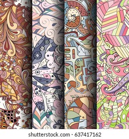 Set of tracery colorful seamless patterns. Vertical stripes. Curved doodling backgrounds for textile or printing with mehndi and ethnic motives. Vector