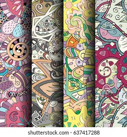 Set of tracery colorful seamless patterns. Vertical stripes. Curved doodling backgrounds for textile or printing with mehndi and ethnic motives. Vector