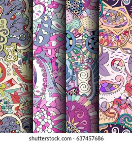 Set of tracery colorful seamless patterns. Vertical stripes. Curved doodling backgrounds for textile or printing with mehndi and ethnic motives. Vector