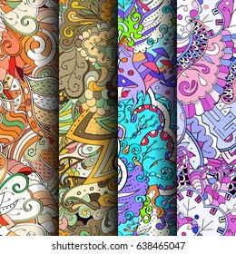 Set of tracery colorful seamless patterns. Vertical stripes. Curved doodling backgrounds for textile or printing with mehndi and ethnic motives. Vector