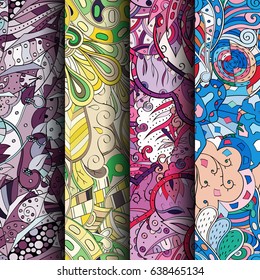 Set of tracery colorful seamless patterns. Vertical stripes. Curved doodling backgrounds for textile or printing with mehndi and ethnic motives. Vector