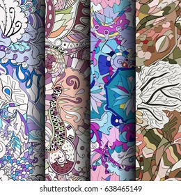 Set of tracery colorful seamless patterns. Vertical stripes. Curved doodling backgrounds for textile or printing with mehndi and ethnic motives. Vector