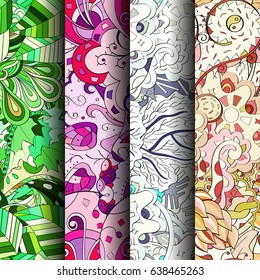 Set of tracery colorful seamless patterns. Vertical stripes. Curved doodling backgrounds for textile or printing with mehndi and ethnic motives. Vector