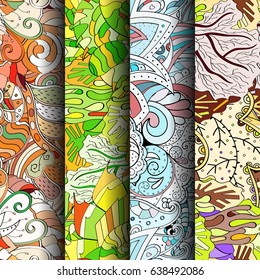 Set of tracery colorful seamless patterns. Vertical stripes. Curved doodling backgrounds for textile or printing with mehndi and ethnic motives. Vector